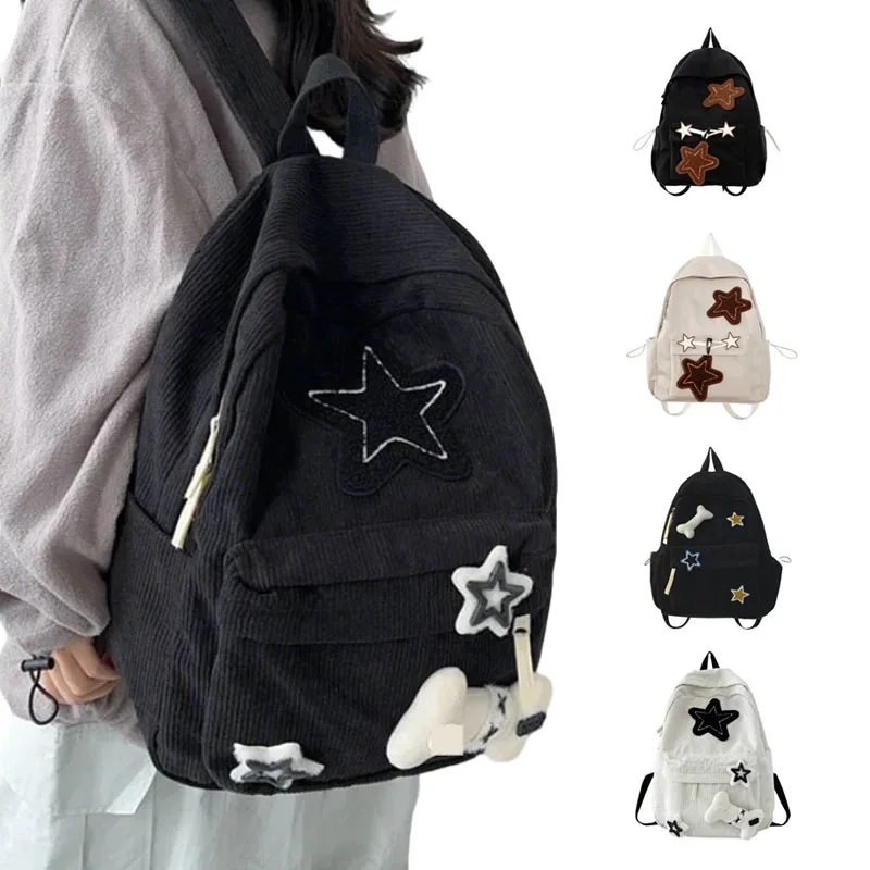 

Y2K Girls Star Pattern Laptop Backpack Teen Student Large Capacity School Bookbag Corduroy Rucksack Double Strap Shoulder Bag