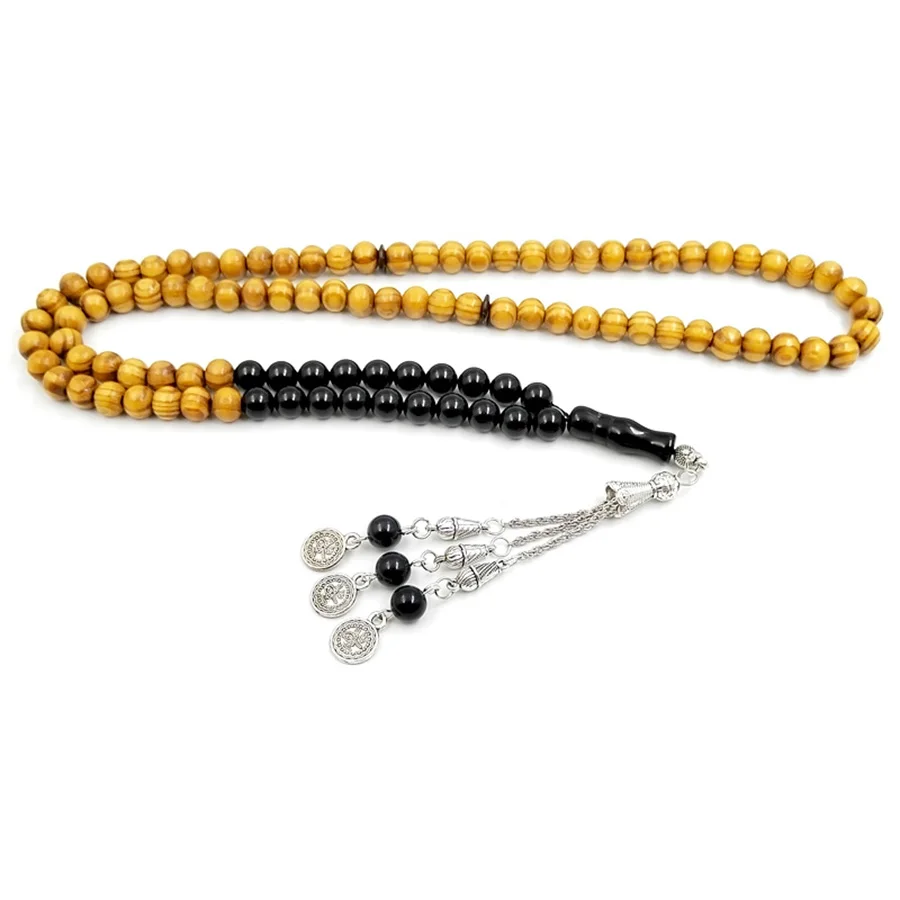 Tasbih Natural Beech Wood with Onyx 99/100 Beads misbaha Muslim Prayer Beads Ramadan Eid Gift