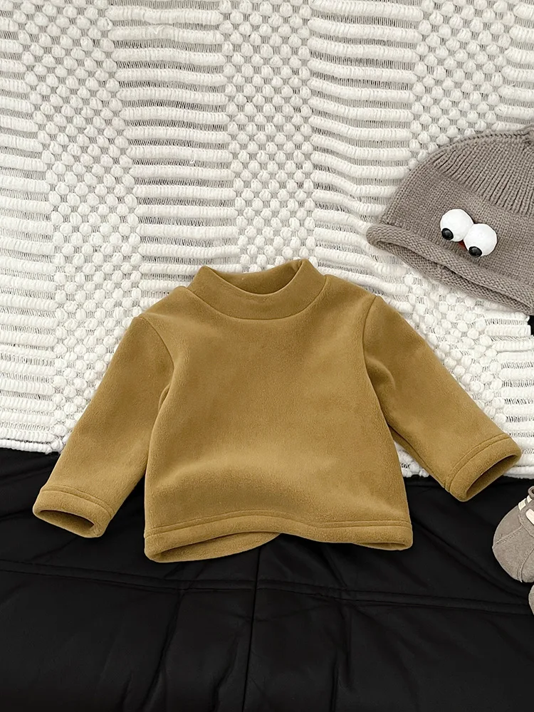 Ragazzi Ragazze T-shirt in cotone Infantile più Velluto spesso Pullover Vestiti per bambini 2025 Inverno Nuovo bambino in pile che tocca le camicie Solido