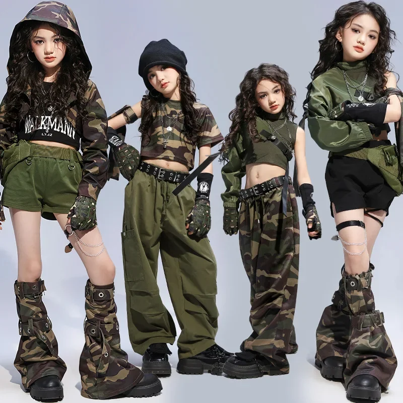 

Kpop Stage Outfit Green Dance Suit For Girl Jazz Dance Costumes Camouflage Trousers Crop Top Vest Children Street Dancewear