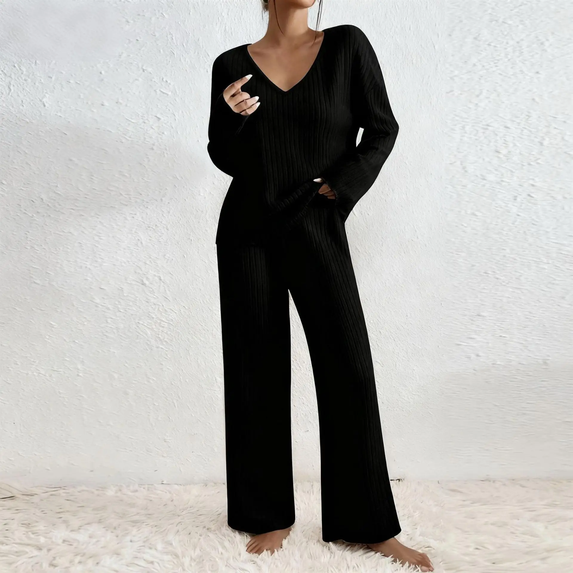 Damen Geripptes Strick-Zweiteiler-Set V-Ausschnitt Langarm-Oberteil Weite Hose Herbst Locker Lässige Loungewear Eleganter Hausanzug – Detail 22
