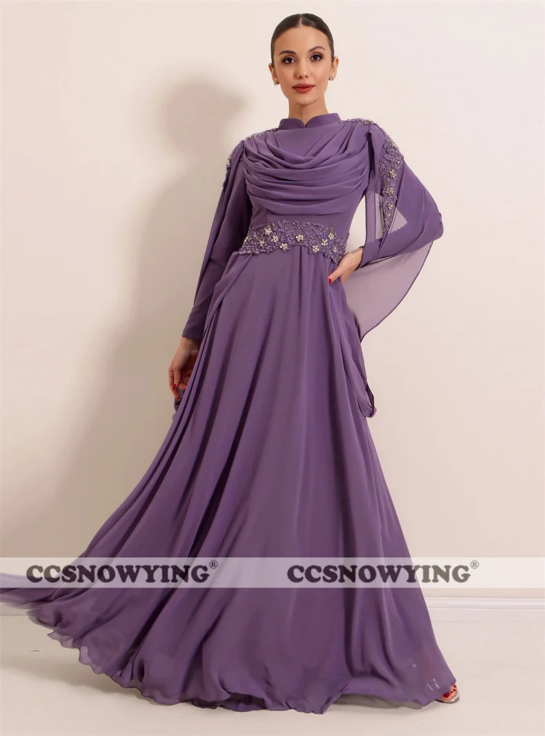 

Appliques Long Sleeve Hijab Evening Dresses Chiffon High Neck Muslim Moroccan Caftan Women Formal Party Gown Robe De Soiree