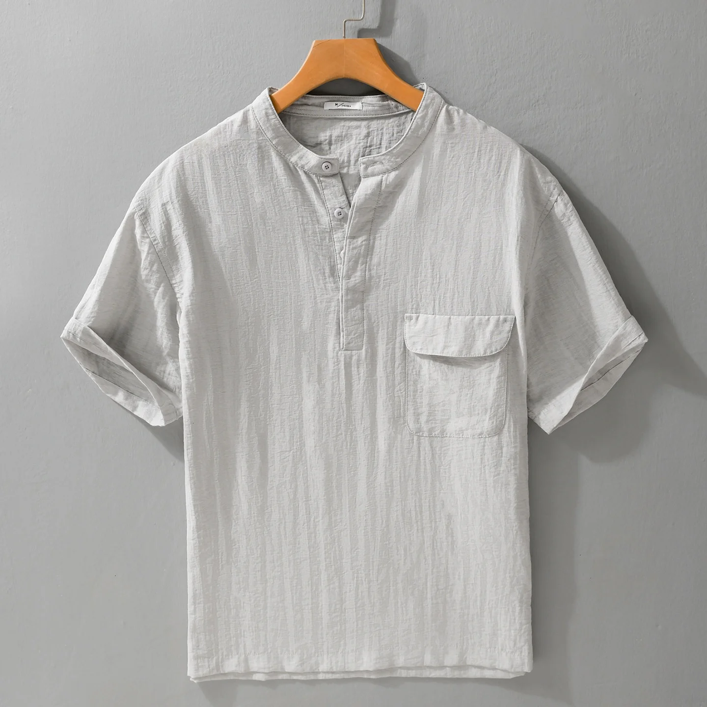 

New Chinese Style Stand Collar Linen Simple Short Sleeve Shirt Men Summer Thin Breathable Texture Sensation Shirt