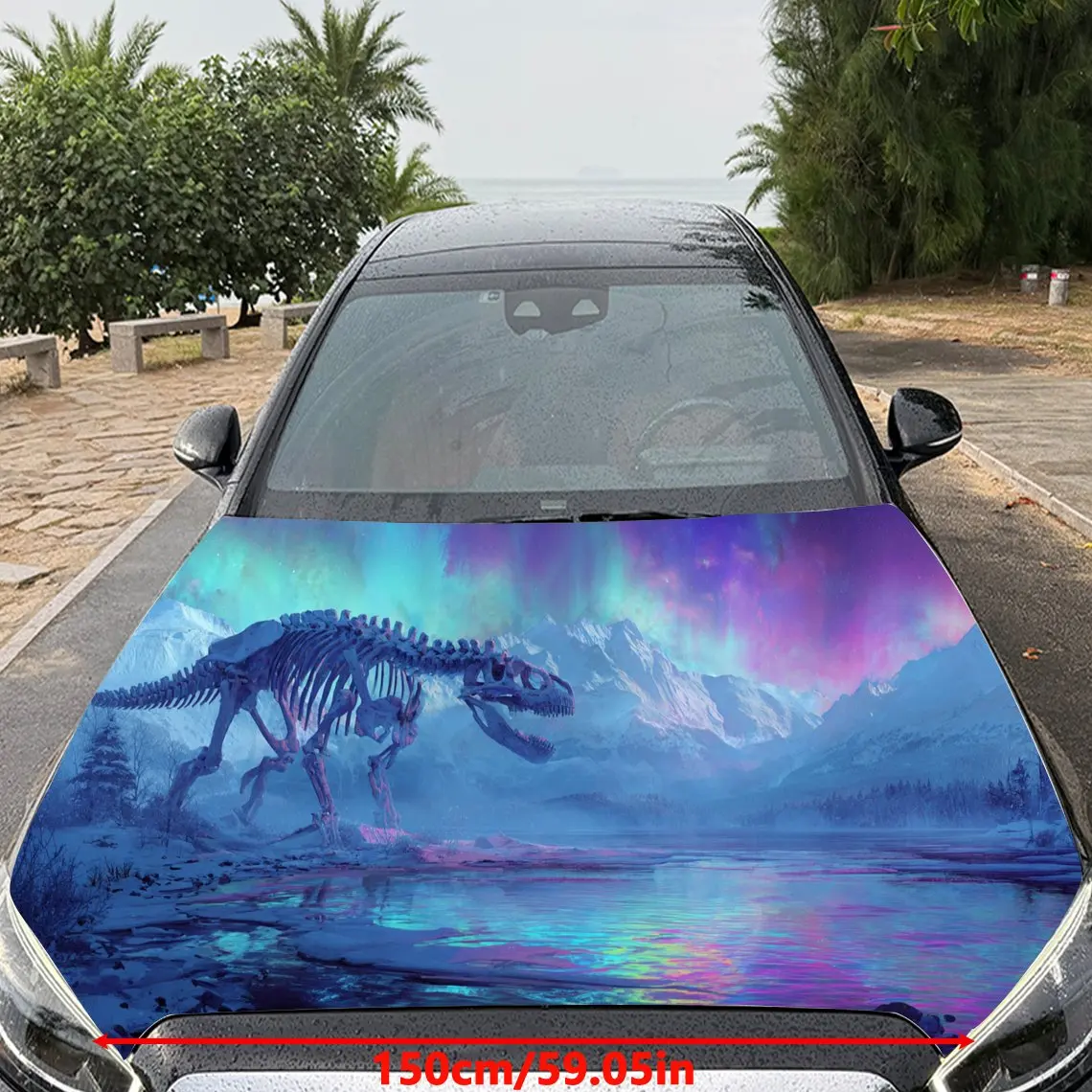 Dinosaur Skeleton and Aurora Snow Mountain Car Hood Film, Car Exterior Scratch Resistant Decal, Beautifying Appearance, Trendy G