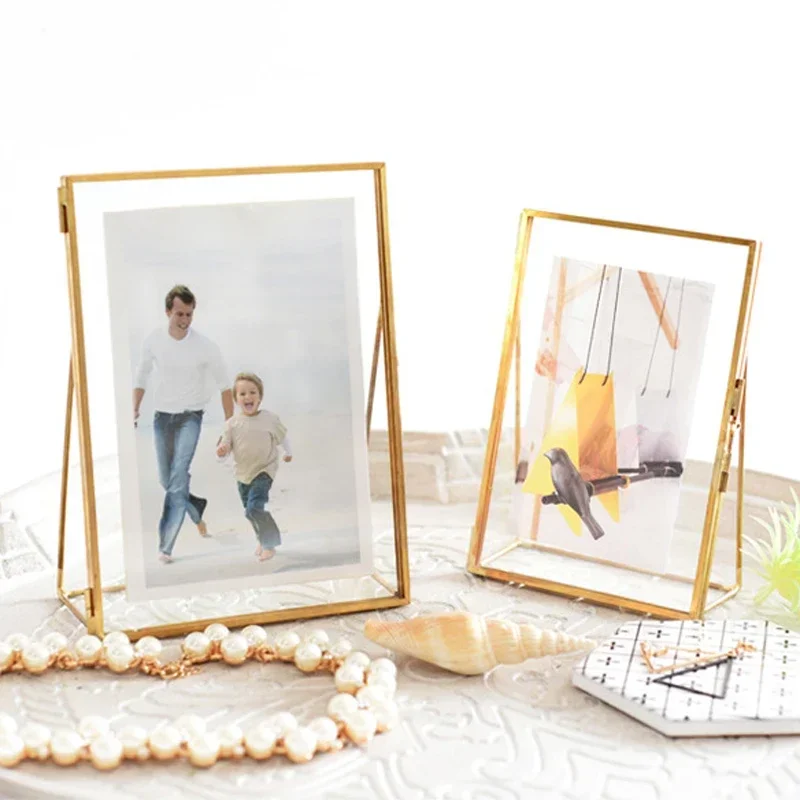 Antique Gold Rectangle Glass Photo Frame Specimen Clip Holder Folding Desktop Picture Frames Home Desktop Decoration