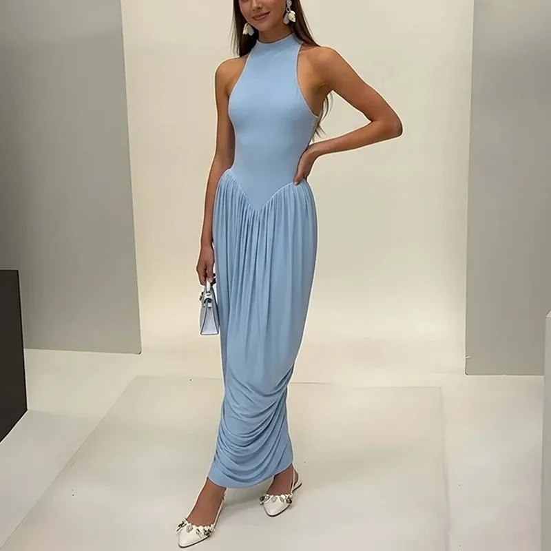 Elegantes Rundhals-Maxikleid für Damen Weißes Ärmelloses Kleid mit Hoher Taille Sommerliches Figurbetontes Party- und Abendkleid