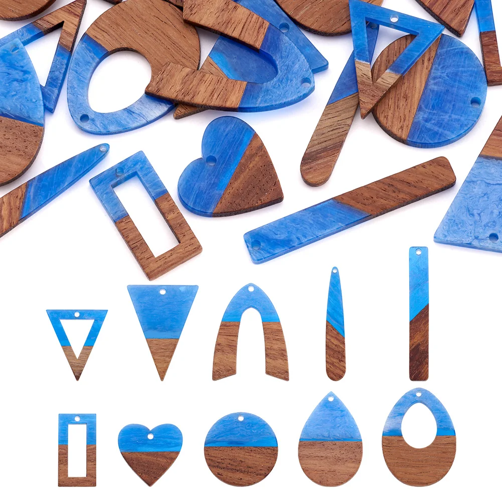 

20Pcs Transparent Resin & Walnut Wood Pendants Two Tone Color Mixed Shapes Royal Blue for Making DIY Jewelry Earring Charms