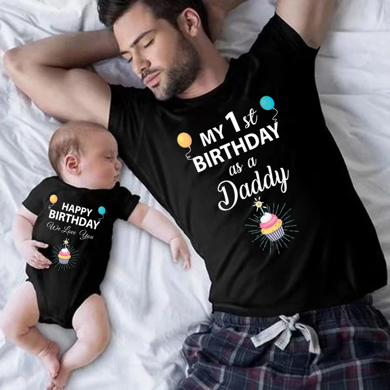 My 1st Birthday As a Daddy Family Matching Shirts Cotton Dad Mom Tshirts Baby Rompers Funny Daddy\'s Birthday Party Gifts Outfits