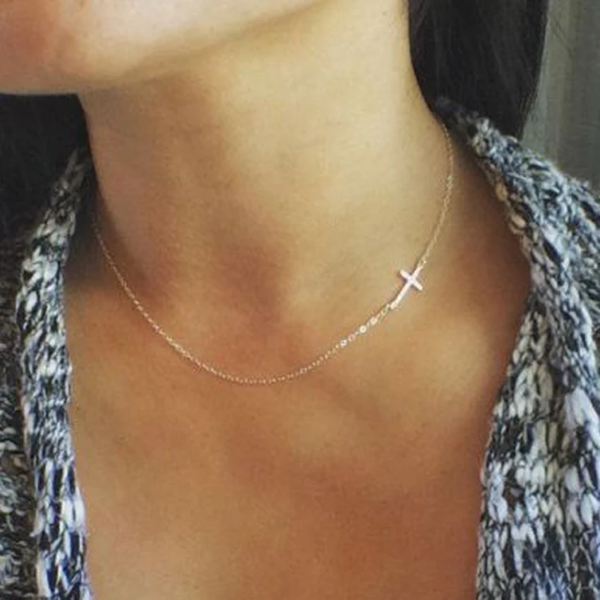 100% 925 Sterling Silver Dainty Stunning Minimal Delicate Cross Sideway Tiny Thin Chain Women Ladies Simple Fashion Necklace