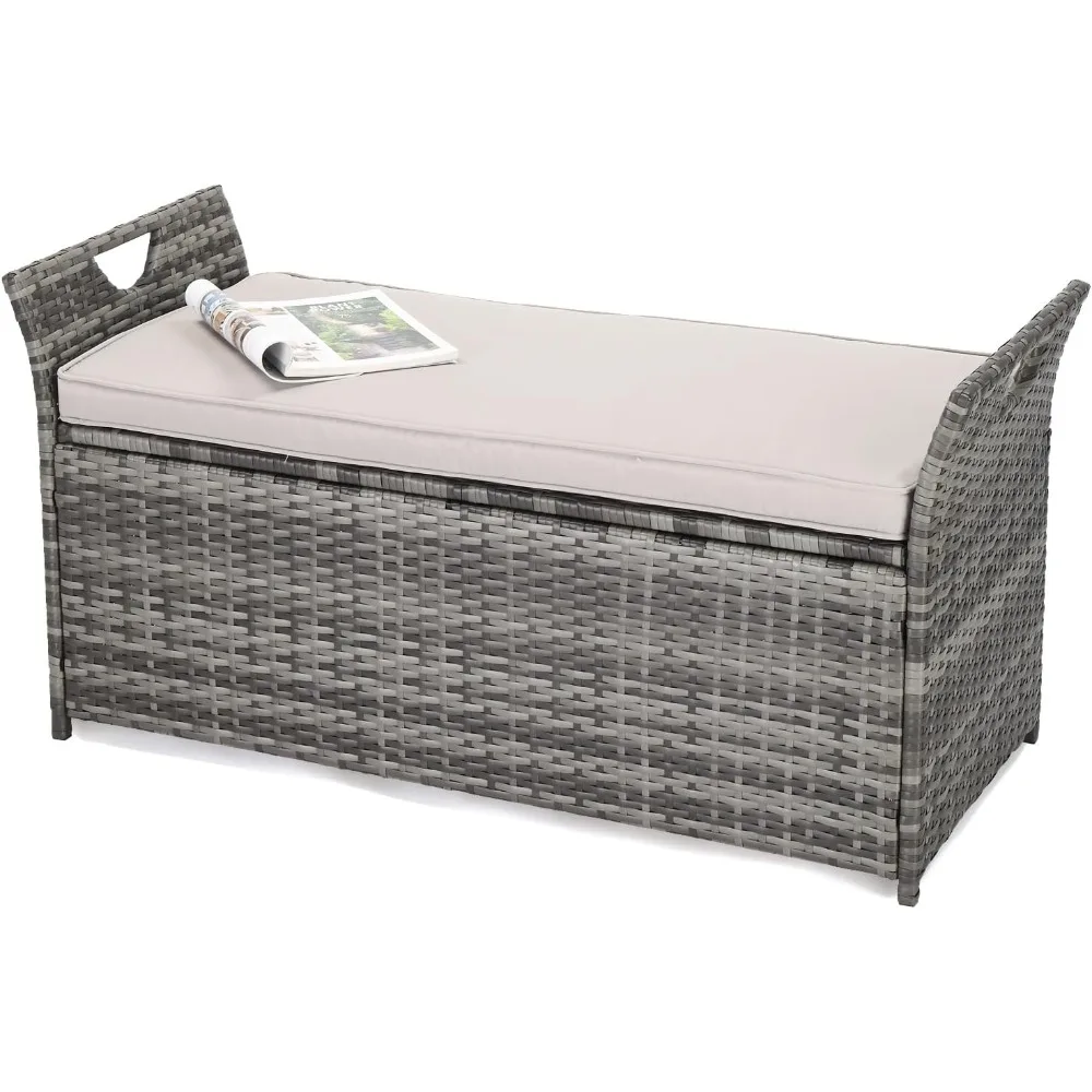 

40 Gallon Outdoor Storage Bench with Cushion, Rattan Storage Box, Patio Wicker Deck Box with Seat for Garden | Balcony | Porch
