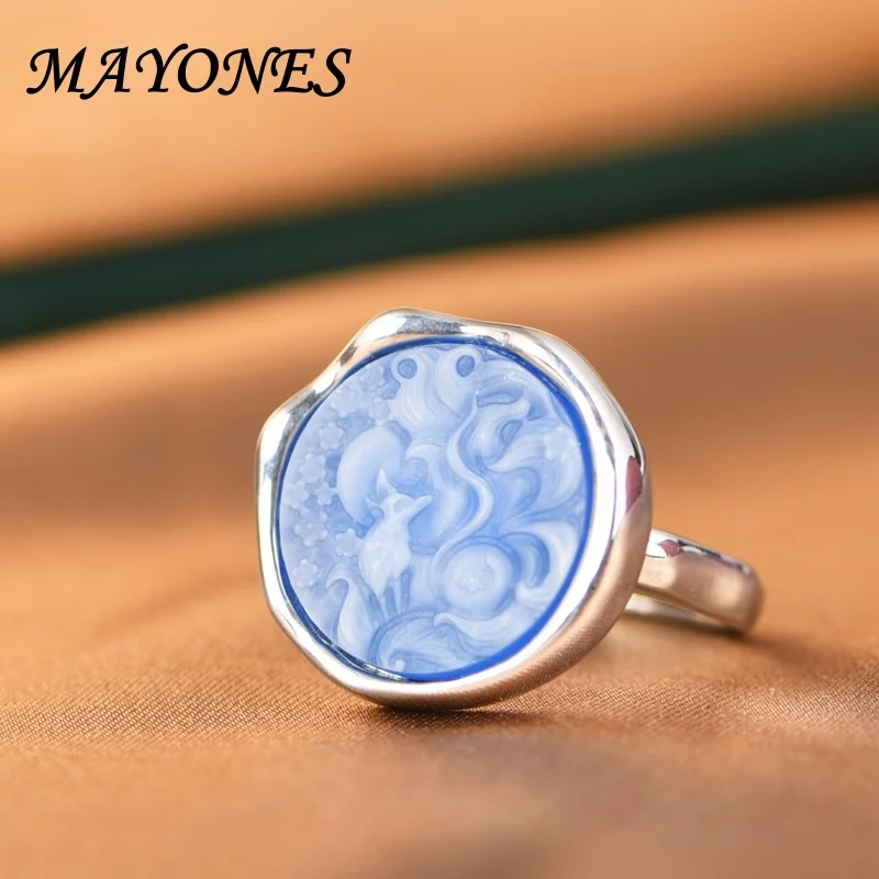 

MAYONES S925 Sterling Silver Ring Vintage Elegant Round Blue Jade Marrow Nine Tailed Spirit Fox Women's Open Ring