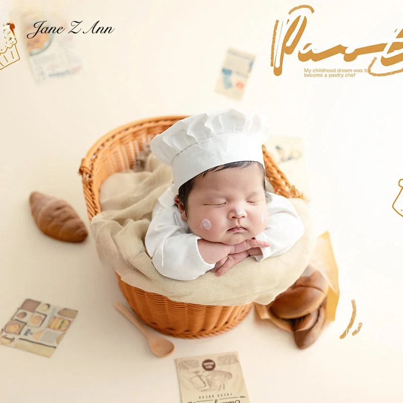 Newborn baby cook costume white hat+romper home studio shooting outfits