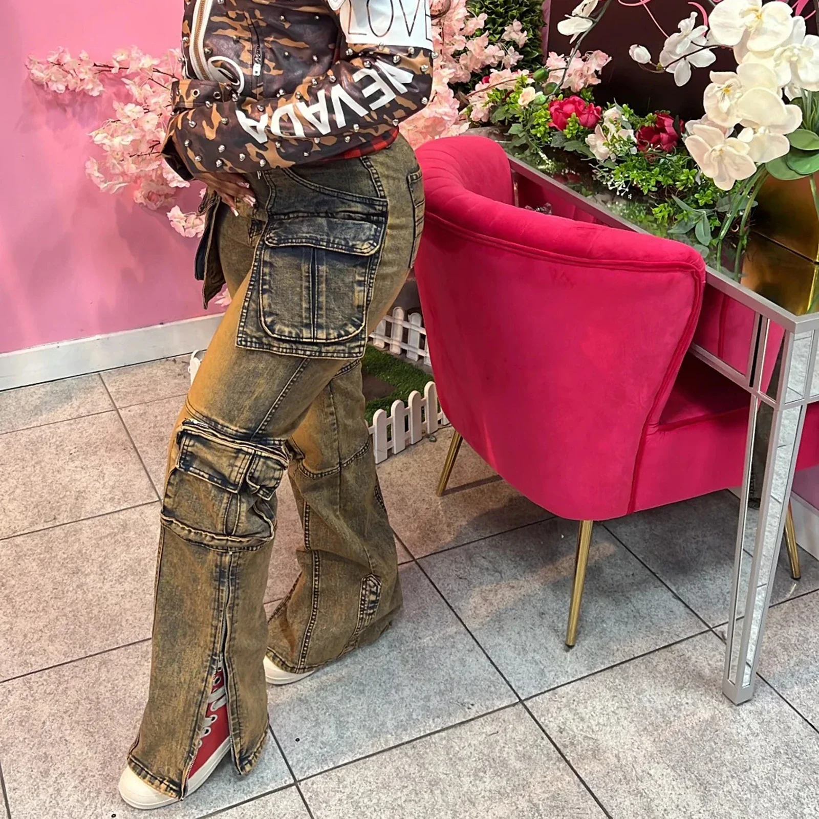 Celana Jeans Wanita Vintage Distressed Model Cargo Panjang Se-mata Kaki dengan Sambungan, Kantong Denim, Pinggang Tinggi, Streetwear, Longgar