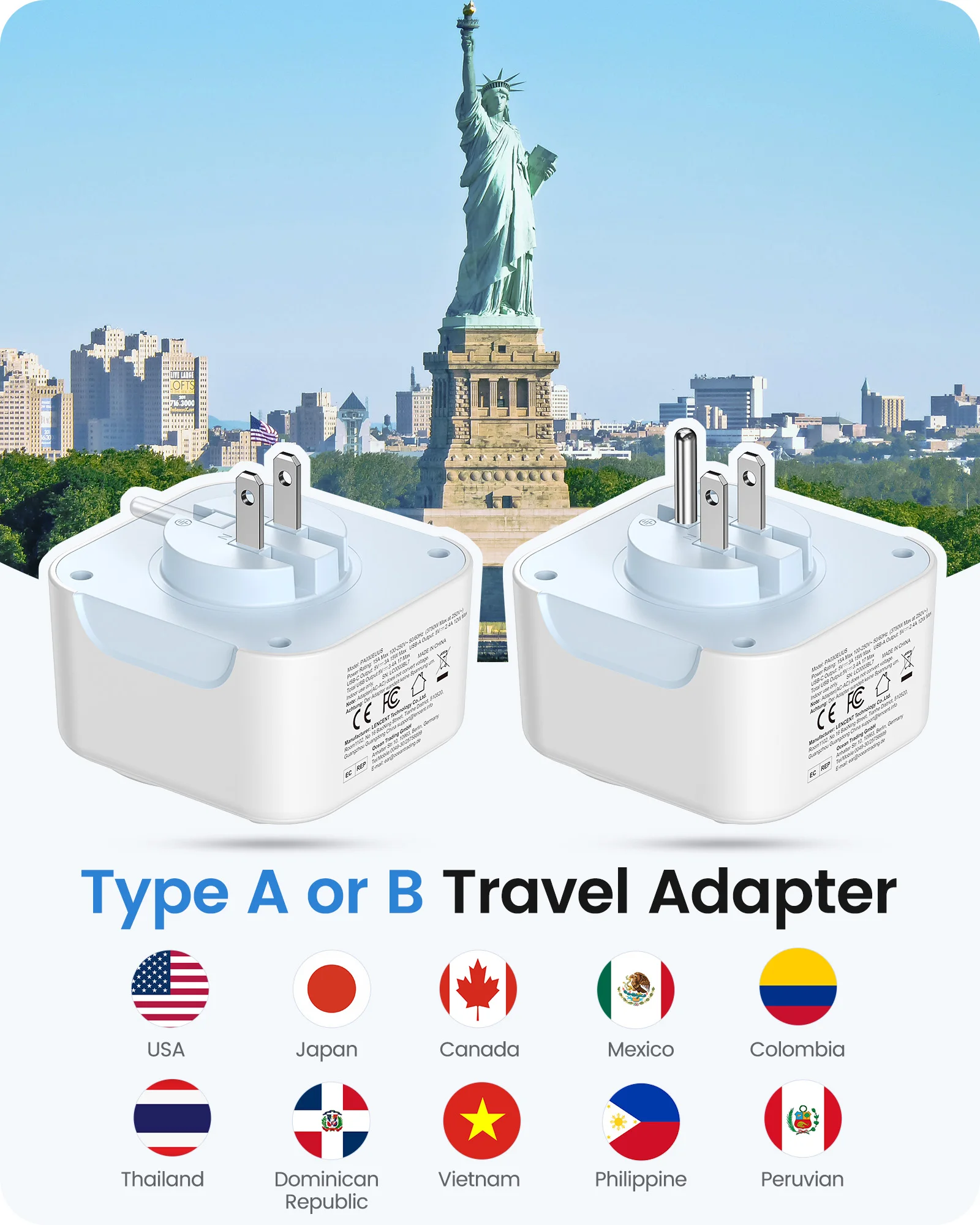 LENCENT  EU to US Foldable Travel Adapter  with 2 AC+2 USB-A+2 Type C Wall Socket with Type A /Type B Travel Plug for Travel