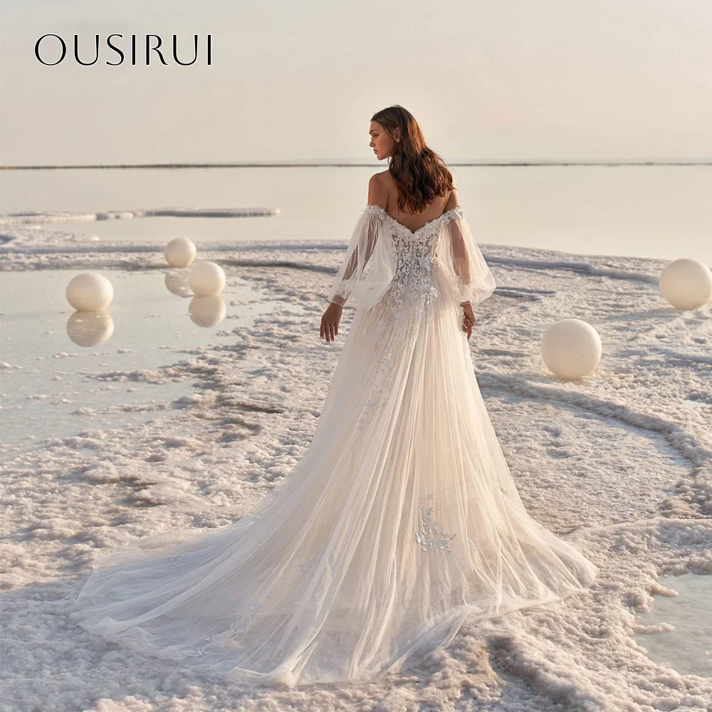 Kant off-shoulder A-lijn bruidsjurk voor bruiloftsfeest Gezwollen lange mouwen Tule Sweep Train Aangepaste vestidos de novia