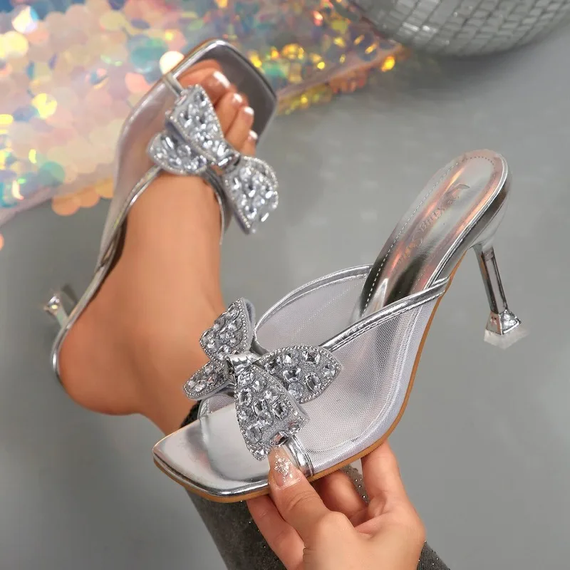 

Designer Slippers Fashion Crystal Bowknot High Heels Slippers Square Head Peep Toe High Heels Slippers Summer Party Dress Pumps