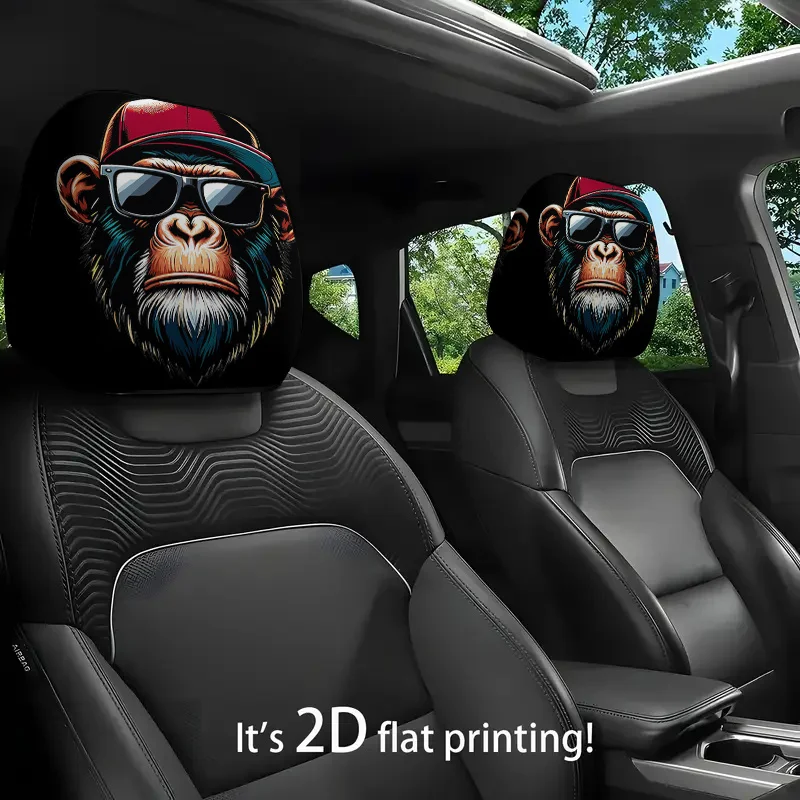 

2pcs/4pcs Trendy Monkey Head Design | 2D Flat Printed Car Seat Headrest Covers, Polyester, Universally Applicable, Perfect for