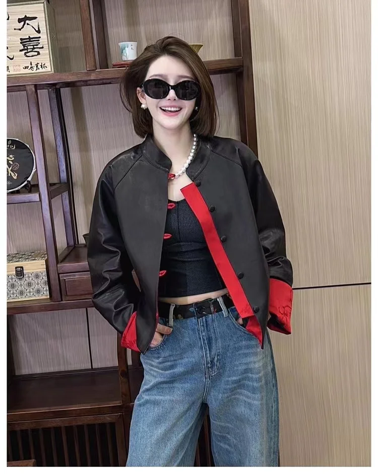 2024 New Women\'s Leather Jacket Spring and Autumn Women\'s Sheepskin Coat New Chinese Short Style Chinese Style Casual Street Coa