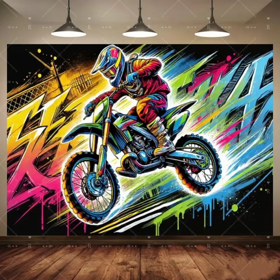 Motorrad-Themen Geburtstagsparty Dekorationen Hintergrund Rennspiel Banner Offroad-Motorradfahrer ‌ Fotografie-Hintergrund-Requisite – Detail 4