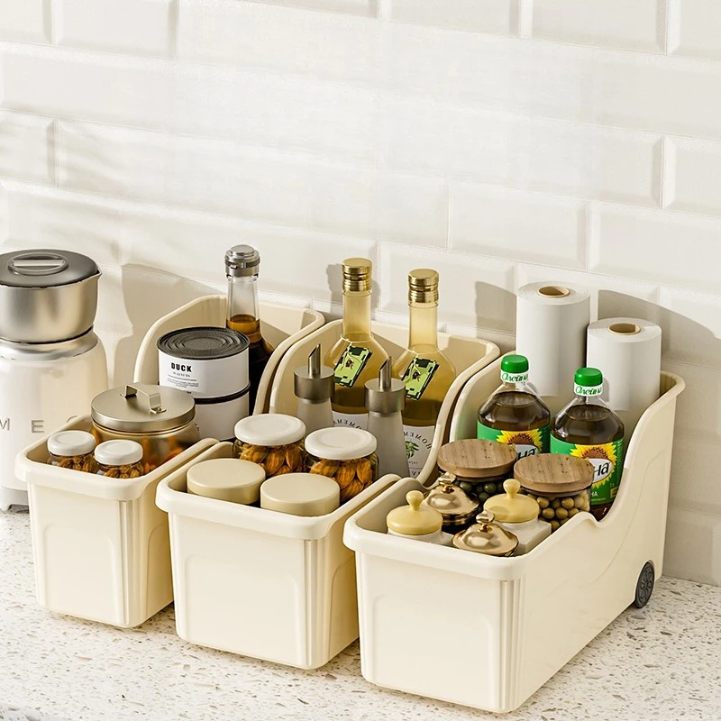 Kitchen storage box, cleaning and household large capacity Japanese style cookware storage box with pulley storage box