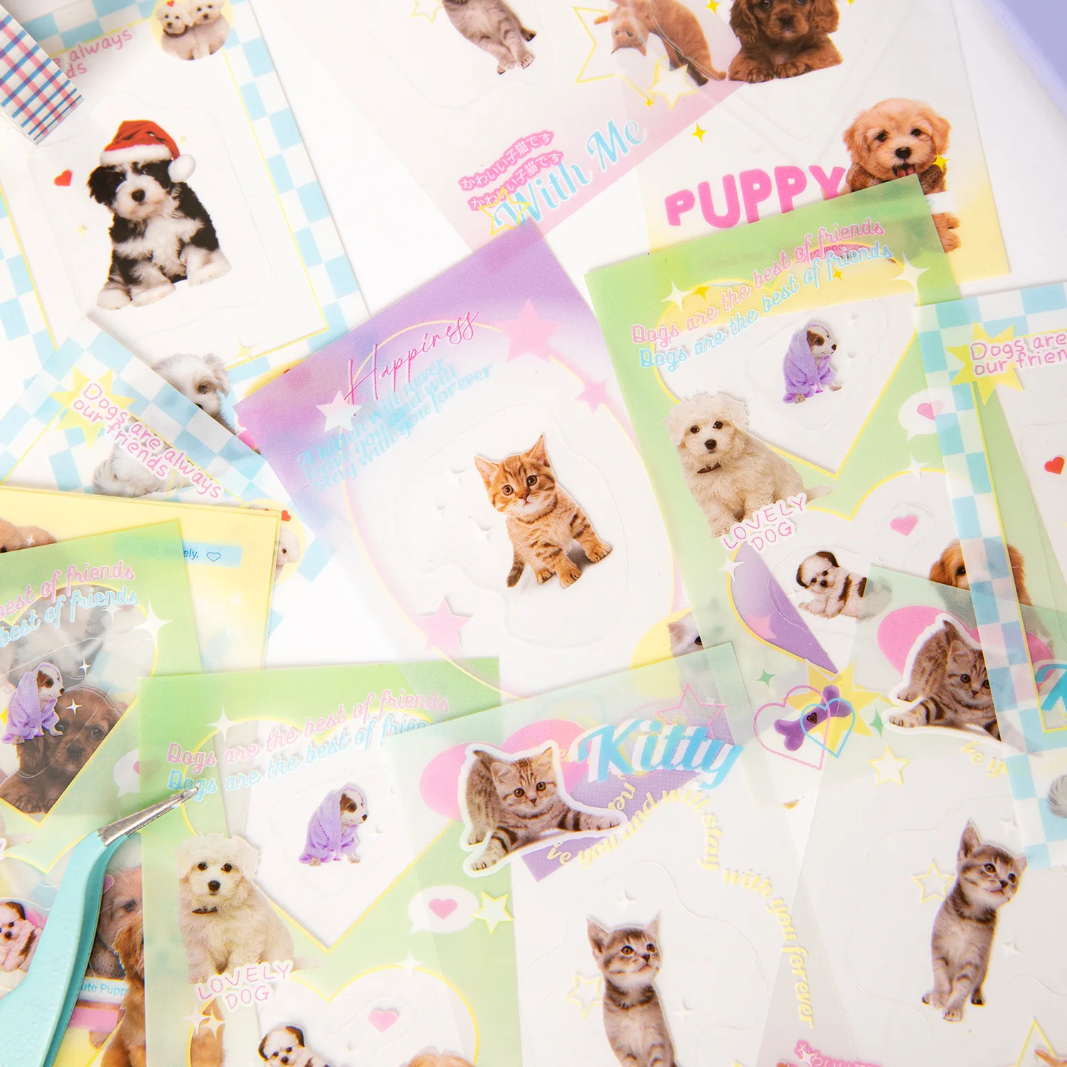 20 Pcs/Pack Cute Cartoon Rabbit Dog PET Toploader Sticker Plaid Photo Frame Sticker Creative DIY Kpop Photo Card Deco Collage