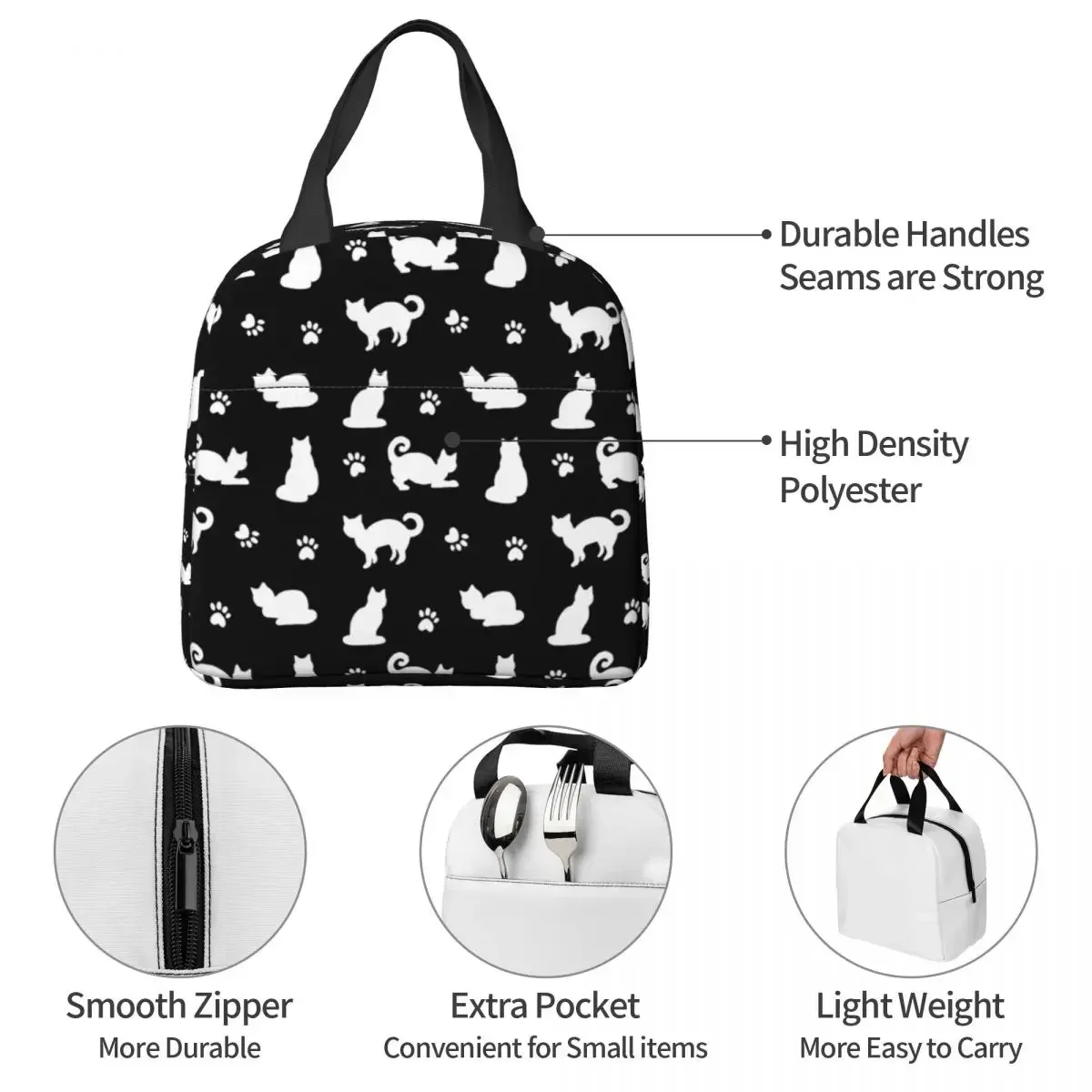 Black And White Cats And Paw Lunch Bag Portable Insulated Oxford Cooler Thermal Picnic Lunch Box for Women Kids