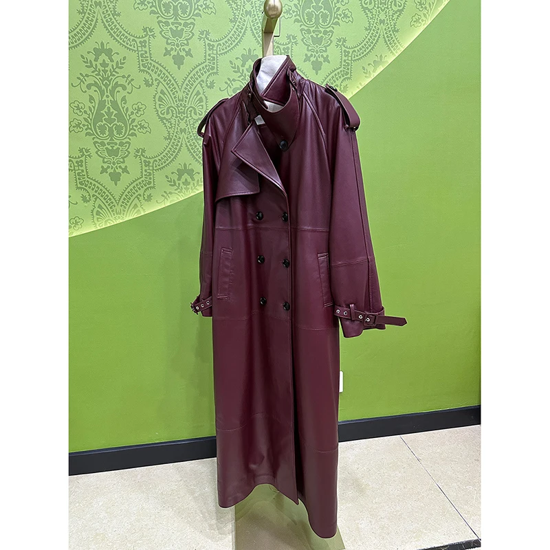 Damen-Jacke aus echtem Leder, Herbst-Winter, importiertes Lammfell, breiter Schultergürtel, schmal, Burgunderrot, langer Leder-Trenchcoat, weich