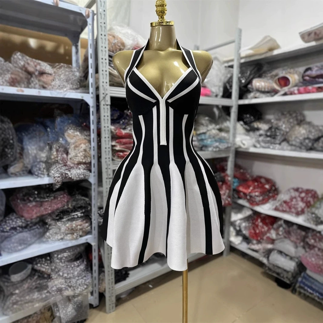 

Factory Sale Women Summer One Piece Bandage Dress Halter V Neck A Line Backless Mini Dresses High Street Going Out Holiday Dress
