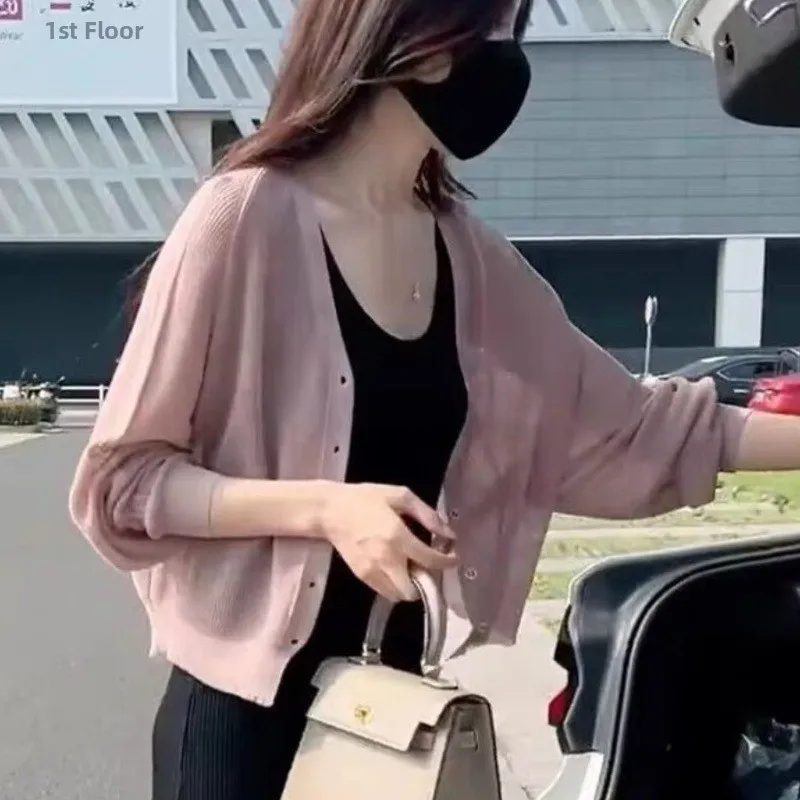 

Loose Knitted Cardigan Women's Summer Fashion Sweet Match Thin Long Sleeve UV Protection Soft V-neck Button-up Korean Style