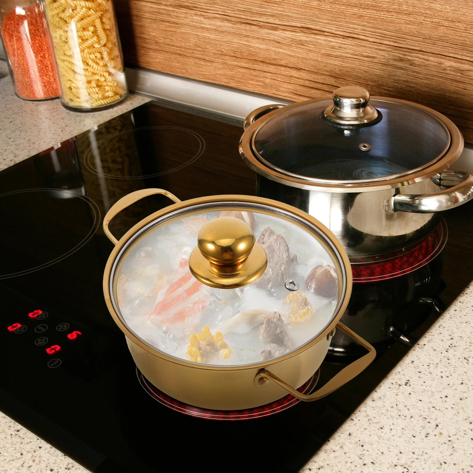 

Stainless Steel Soup Pot Small Golden with Double Handles Glass Lid Induction Cooker Korean Ramen Noodle Pan Mini Ramen Pot