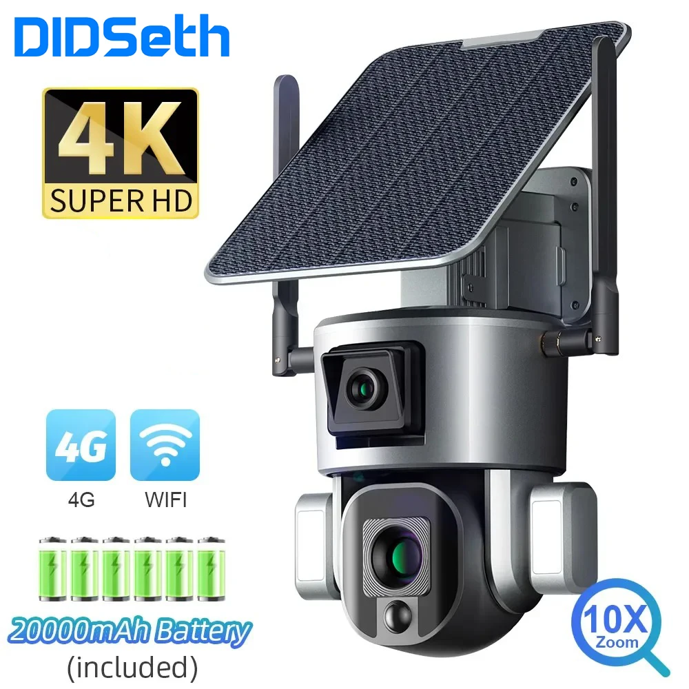 

DIDseth 4G/WiFi Dual Lens Solar Camera Outdoor Dual Screens 4K 8MP 10X Optical Zoom Humanoid Tracking PTZ Security Cameras