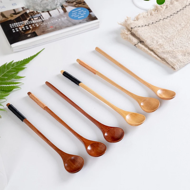 Wooden Spoon Mixing Rice Salad Spoon Long Handle Dessert Condiment Sugar Salt Spice Spoon Tableware Kitchen Tools