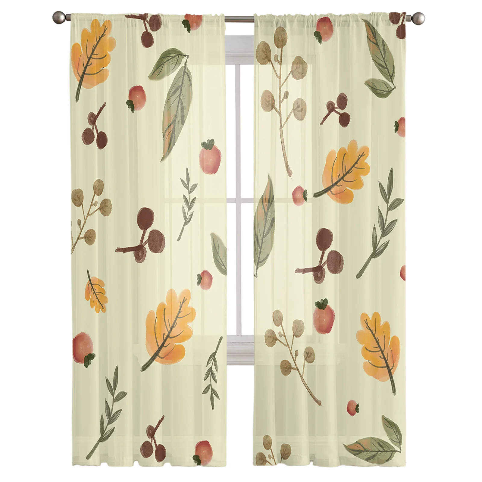 Autumn Harvest Branches Leaves Living Room Tulle Curtains Print Drape for Kids Bedroom Home Decor Kitchen Window Sheer Curtain