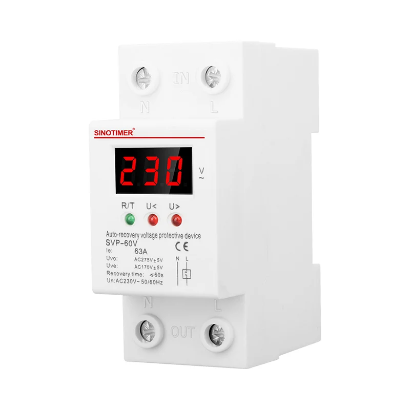 Sinotimer Single Display Adjust Voltage Relay Control Over Under Voltage Protector Device 220V 63A 40A Cut Off Power Regulator