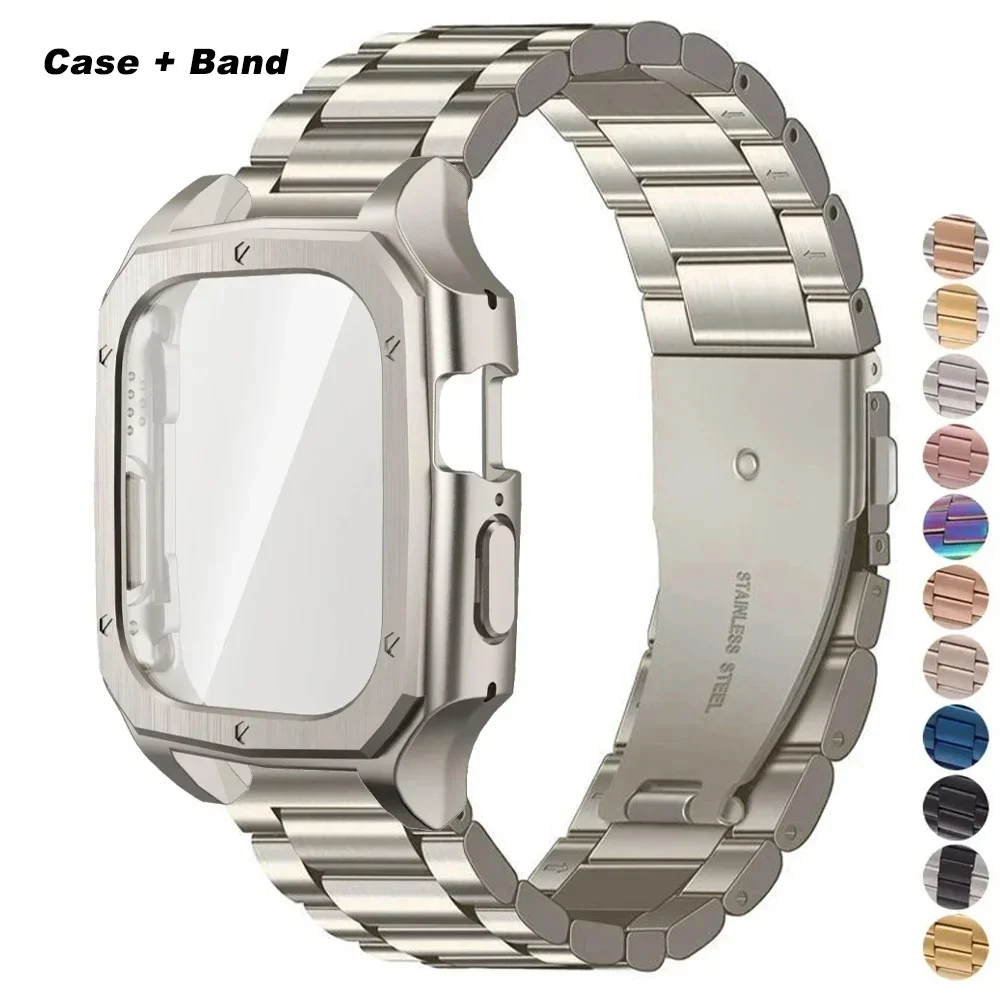 Case +Stainless Steel Strap for Apple Watch Ultra 2 49mm Band PC Tempered Film Cover for Iwatch Ultra Protector Screen Bracelet