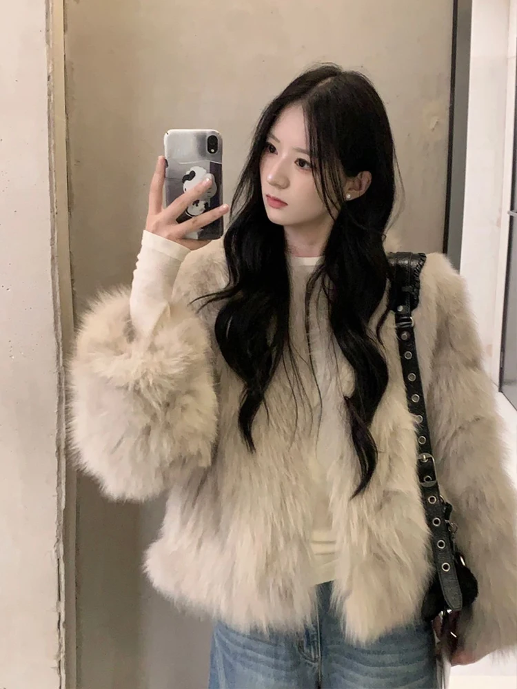 

2025 New Casual Fur Coat Women's ort Thiened Eco-friendly Plu Winter Warm V-ne ket Long Sve Polyester Fiber