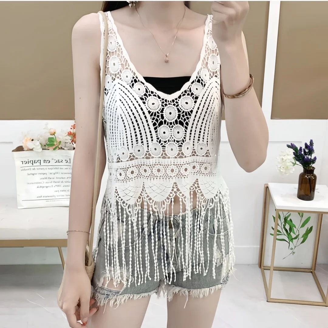 Women's Bohemian Crochet Lace Bikini Cover Up White Fringe V-Neck Sleeveless Crop Top Summer Beach Festival Boho Fashion