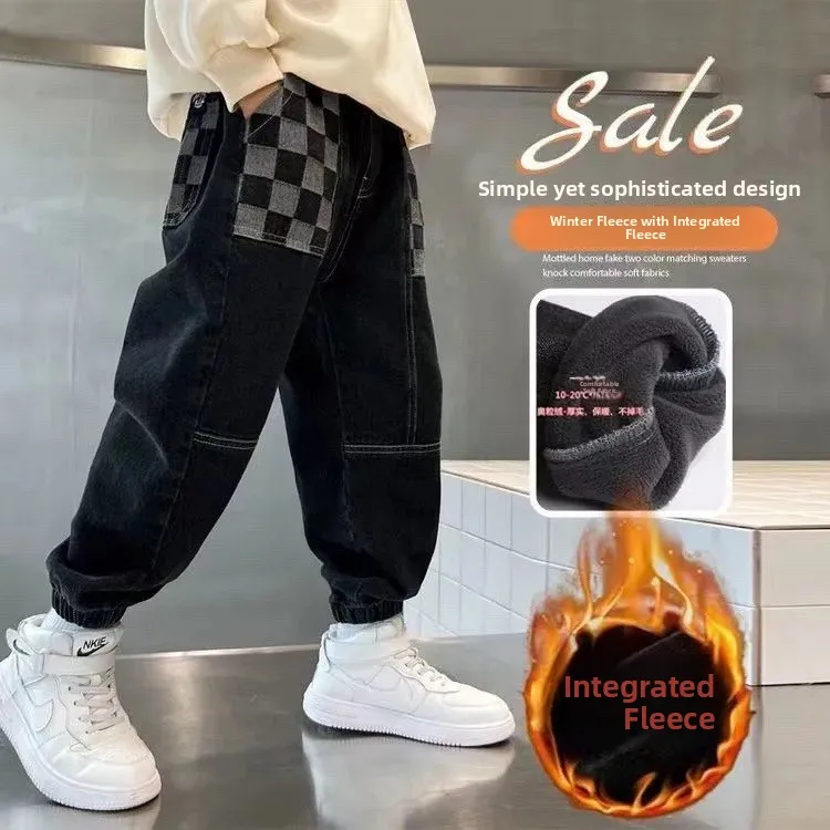 

Джинсы Thiened Fce для мальчиков, повседневные длинные брюки средней длины, теплые, из хлопкового стрейч-денима, прямого кроя, свободного пошива, зимняя одежда