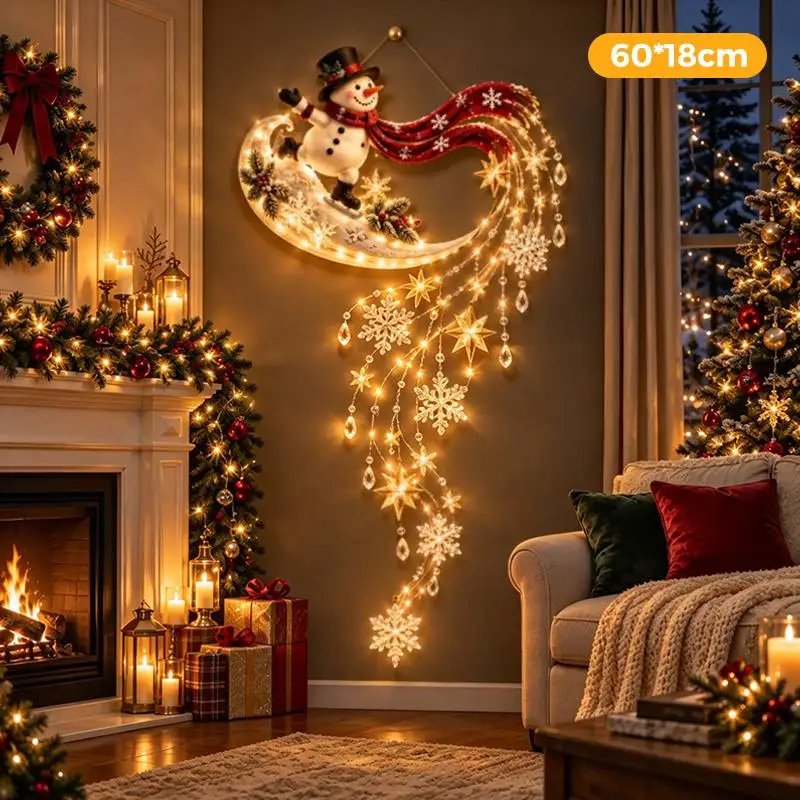 Kerstmagische wandlamp – LED-lichtgevende kerstdecoratie voor de muur, kerstman met slee en rendieren, hangdecoratie voor feestjes.
