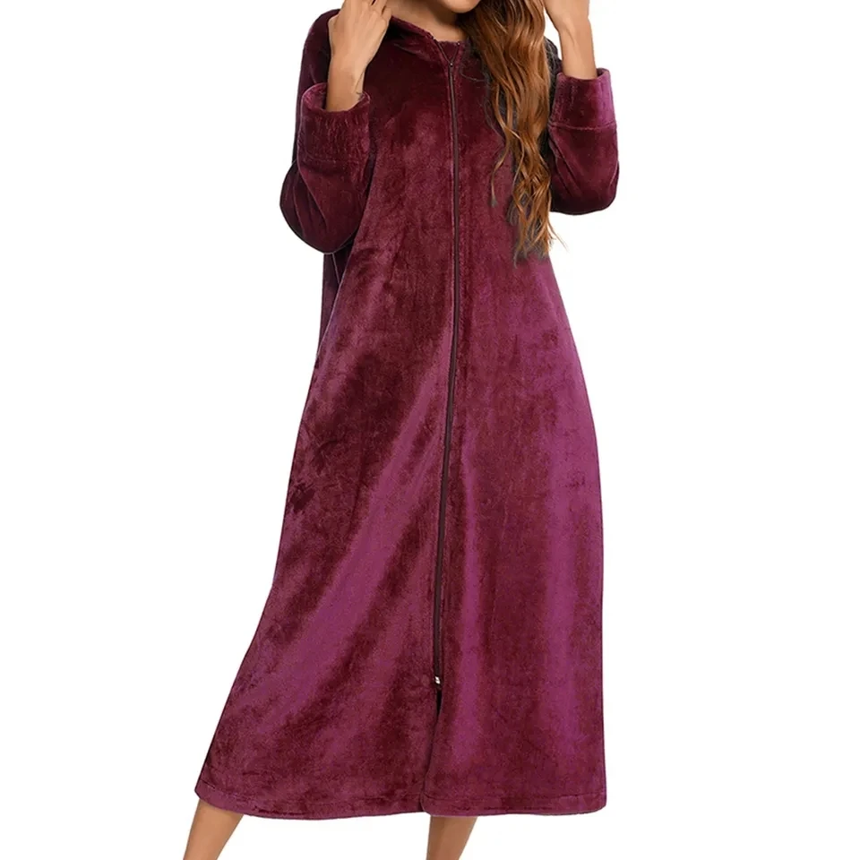 Autumn Winter Warm Flannel Bathrobes Women Zipper Long Sleeve Hooded Nightgown Fleece Pajamas Night Dress Soft Loungewear