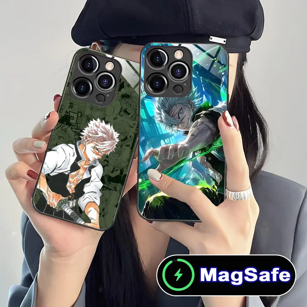 حافظة هاتف Demon Slayer Sanemi لهاتف iPhone 16 15 14 13 12 11 Pro Max Plus Mini MagSafe لون زجاجي واقي للهواتف الذكية جميل
