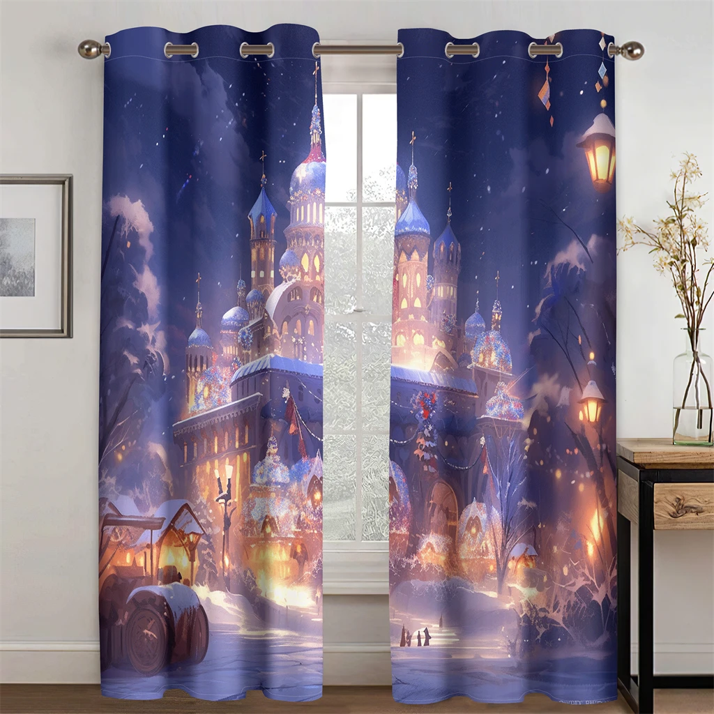 3D Christmas New Year Castle Exquisite Curtains Fairy Tale Style 2pcs Fit Children's Room Living Room Bedroom Decor