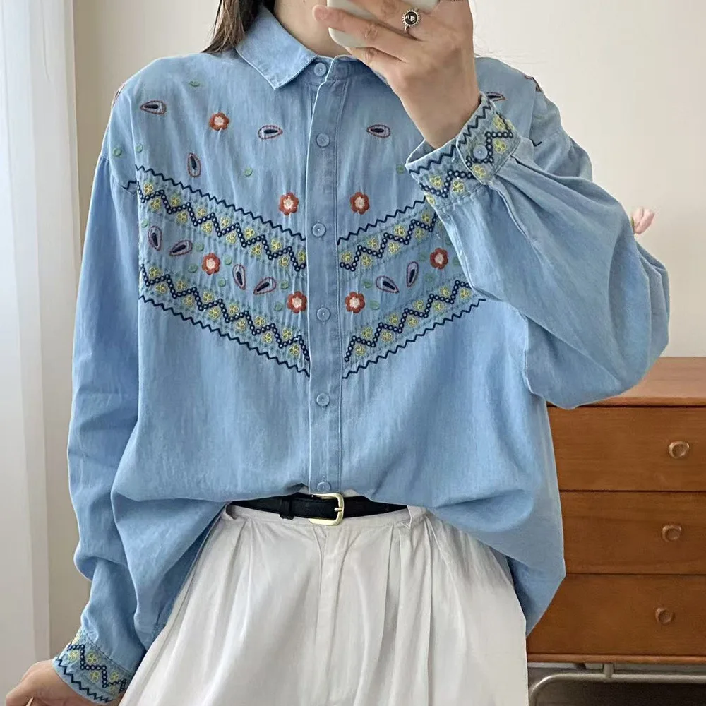 Women Embroidered Denim Shirt Lapel Long Sleeve Button Down Loose Casual Vintage Blouse Ladies Daily Wear Tops
