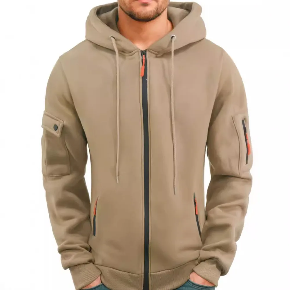 2025 Autumn and Winter Men's New outdoor Sports tooling wind leisure comfortable cardigan zipper solid color arm pocket hoodie