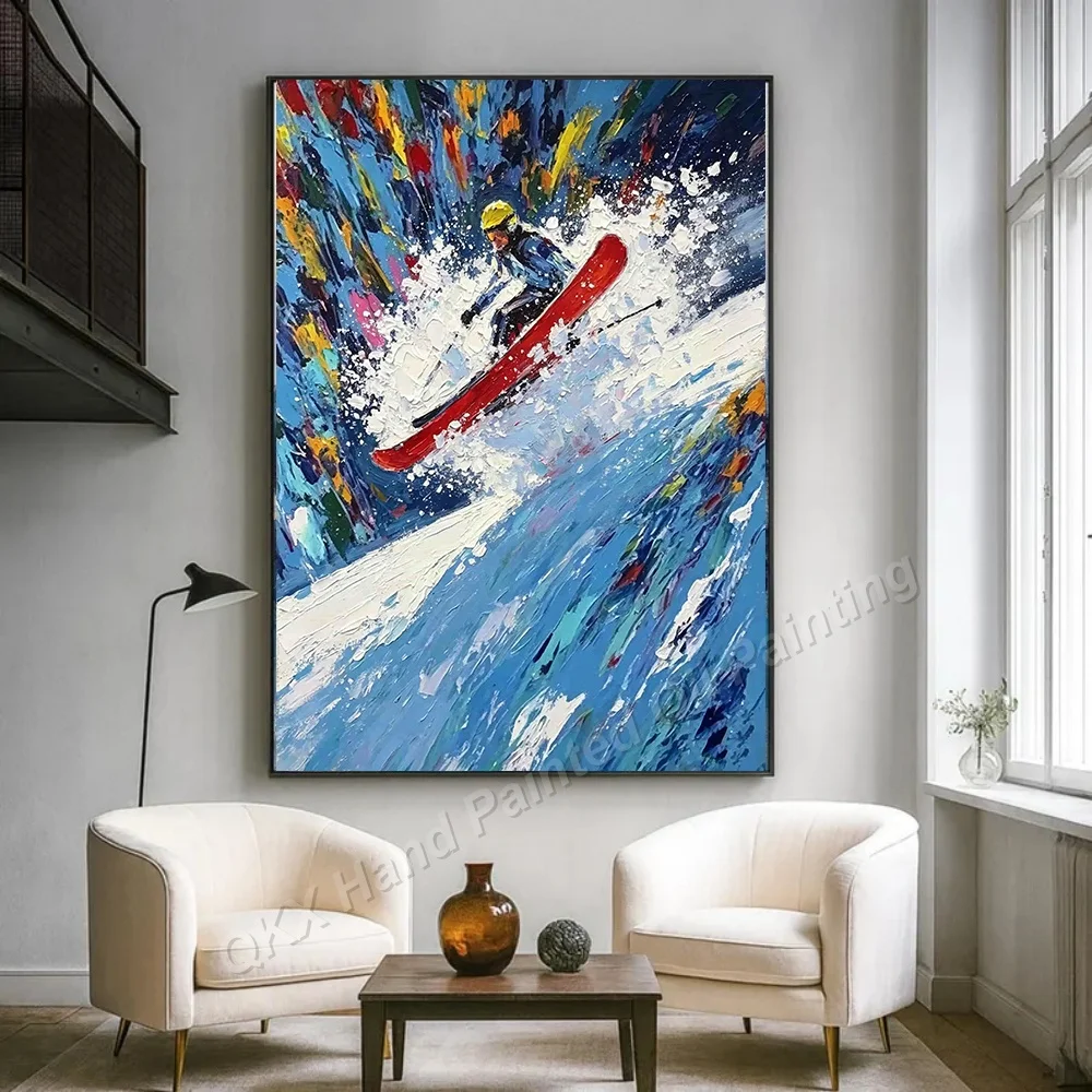 Skiing Sports Man Snow Mountain Scenery 100% Handmade Abstract Oil Painting Original Wall Art Large For Home Living Room Decor