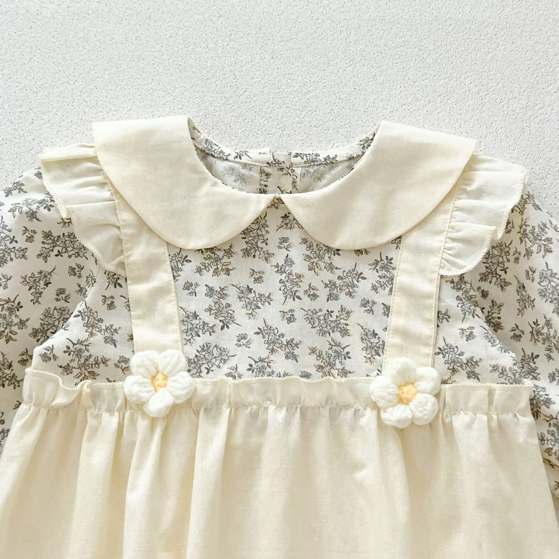 autumn Newborn Infant Baby Girls Flower Romper Muslin Fake two pieces lapel  Rompers Kids Onepiece Fashion Baby Clothing