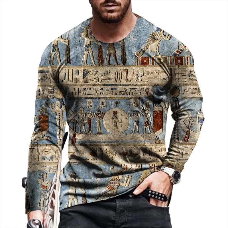 New Egyptian Hieroglyphs T-Shirts 3D Printed Men\'s Vintage Long Sleeve T Shirt Oversized Pullovers Tees Tops Clothing