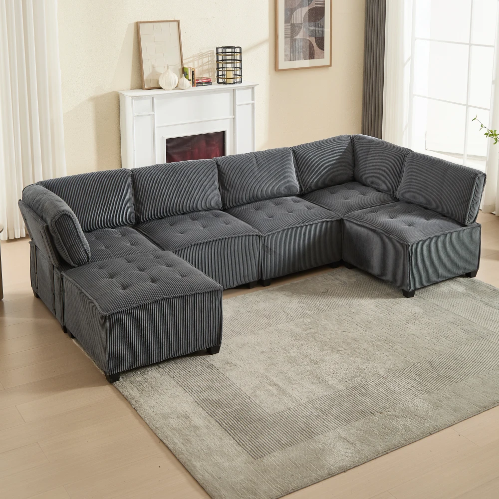 Sofa Modulares 6-Sitzer-Sofa, Kordelstoff, ergonomisch, Aufbewahrungstaschen, flexibel kombiniert als U-Form/L-Form/Sofabett – Detail 28