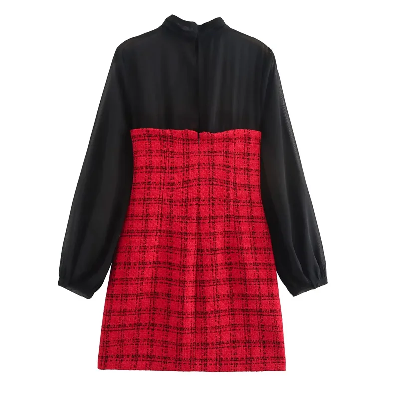 TRAF Women's Dress Tweed Plaid Red Dress Autumn Chiffon Black Mini Dress Woman Long Sleeve Elegant Short Dresses For Women