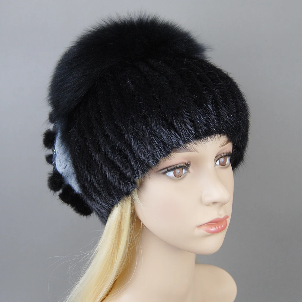 Women Knitted Mink Fur Hats For Winter Hot Sale Luxury Lady Real Mink Fur Warm Caps Fashion Bowknot Fur Bonnets